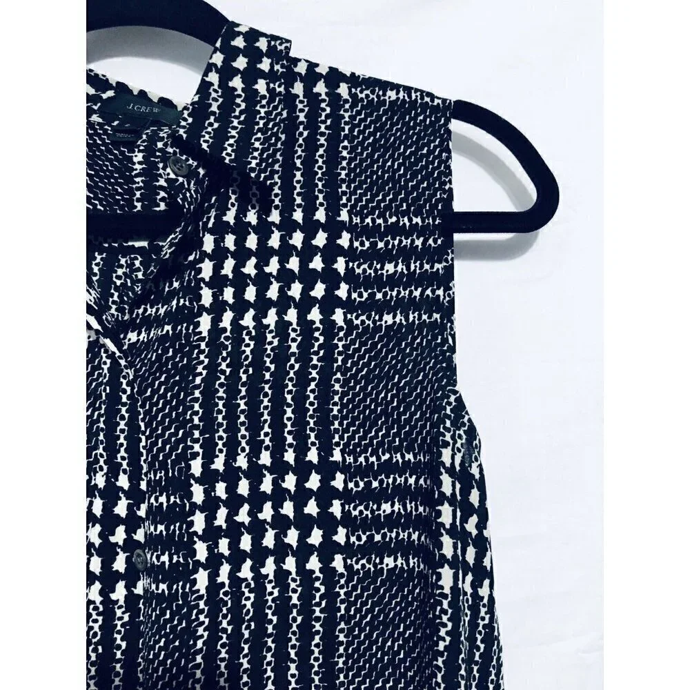 J Crew Top Womens 2 Graphic Plaid Sleeveless Button Up Tunic Black Blouse Tunic